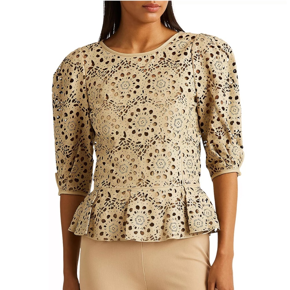 NWT Lauren Ralph Lauren Laser Cut Leather Peplum Top Women’s Size 2